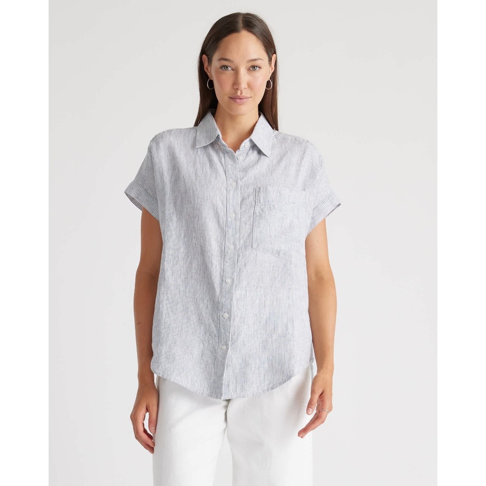 Quince 100% European Linen Camp Shirt Blue Pinstripe Coastal Nautical Womens Sm